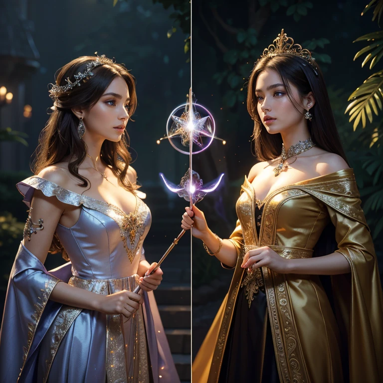 (masterpiece, best quality:1.5), highest quality, High resolution, super detailed, Realists, Upper body photo of a sorceress, black hair, detailed and beautiful eyes, beautiful detailed lips, very detailed eyes and face, longeyelashes, shiny satin dress, Holding a wand in your hand and performing a transformation spell, Magic wands present and shiny, Beautiful and colorful makeup, elegant and noble々The jewelry bag, Gardens as background, soft daylight, bright colors, fine brushstrokes, Portrait style, Silk dress fabric, beautiful color palette, glowing skin, First-class rendering, that captures every detail, enchanting atmosphere, subtle shadows and lights, (perfect anatomy:1.2), (The two stunning sorceresses perform magic together (a transformation with the magic wand:1.4), (magnificent panorama view:1.2)