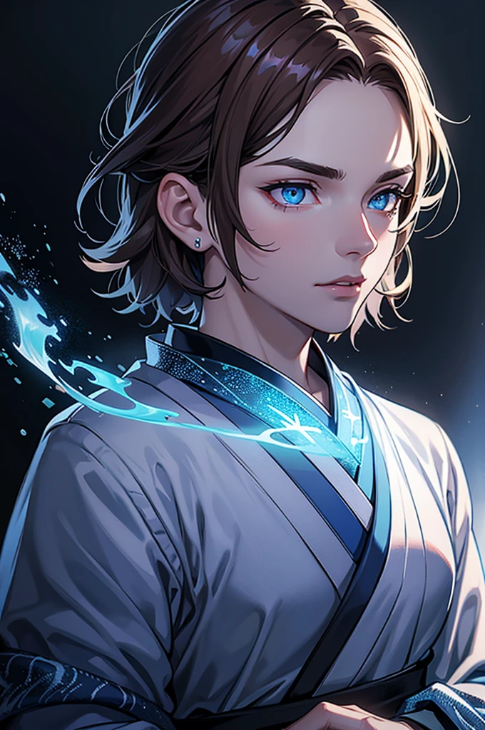 I want a man with white skin, with eyes covered in a demonic blue aura, I want him to have a hateful expression and dark, firm brown eyes, and a blue demonic aura with a trace of ice on his skin that surrounds his entire being, This man has two white horns that are embedded in blue flames and will have short brown hair and will wear a silver chain around his neck., pink lips with small traces of ice, will wear a gray and blue kimono with radiant white crystals, appear to be at least 20 years old. captured in an ultra-realistic full HD 4K portrait, detailed texture showing its menacing shape, Immersive atmosphere, high definition shadow play, digitalpainting, nevoa no environment. I want a different monster from each other and make the image darker, obscure, creating a dark and dimly lit horror atmosphere!
