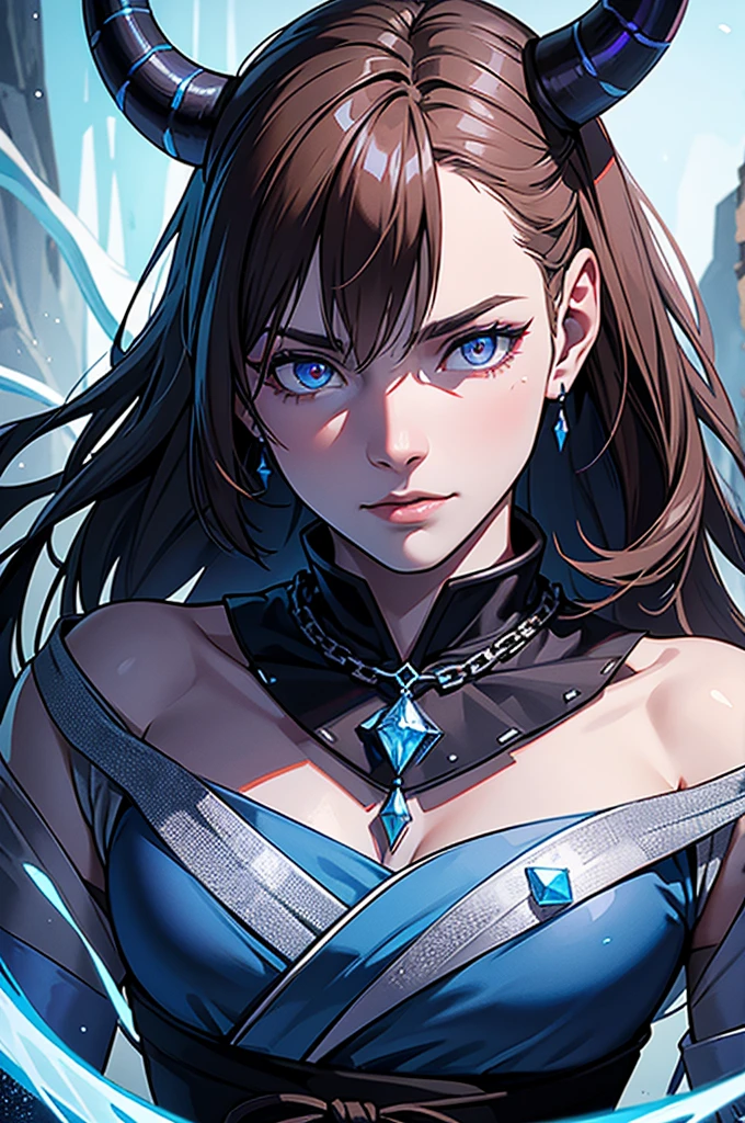 I want a man with white skin, with eyes covered in a demonic blue aura, I want him to have a hateful expression and dark, firm brown eyes, and a blue demonic aura with a trace of ice on his skin that surrounds his entire being, This man has two white horns that are embedded in blue flames and will have short brown hair and will wear a silver chain around his neck., pink lips with small traces of ice, will wear a gray and blue kimono with radiant white crystals, appear to be at least 20 years old. captured in an ultra-realistic full HD 4K portrait, detailed texture showing its menacing shape, Immersive atmosphere, high definition shadow play, digitalpainting, nevoa no environment. I want a different monster from each other and make the image darker, obscure, creating a dark and dimly lit horror atmosphere!