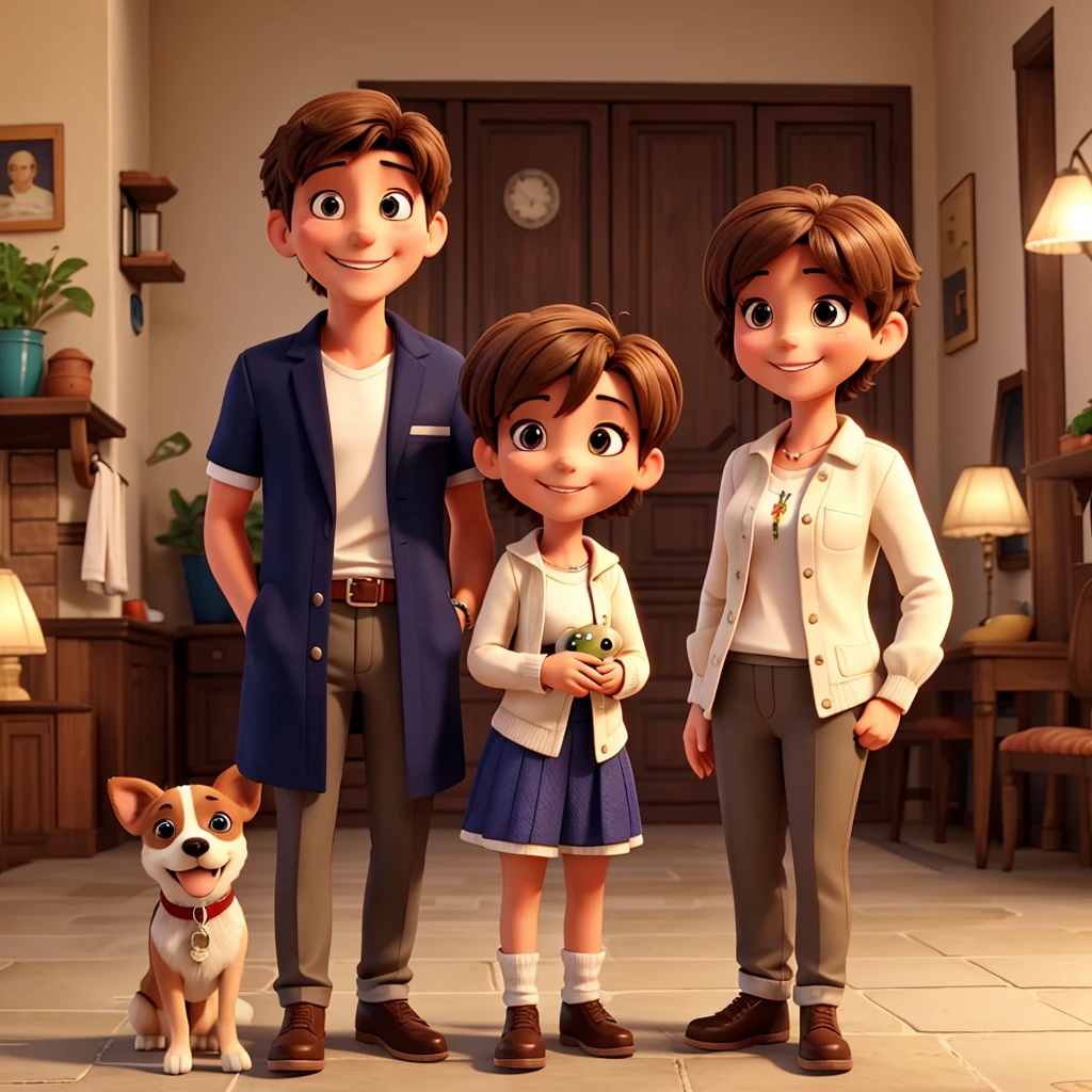  short-haired woman smiling with her Italian boyfriend and her little dog