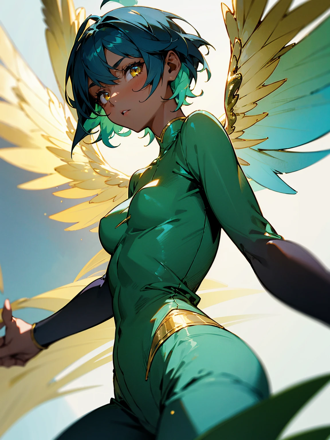 1female, young, fairy wings, azure hair, short hair, dark skin, angel wings, green dress, black sweatpants, gold eyes, confident