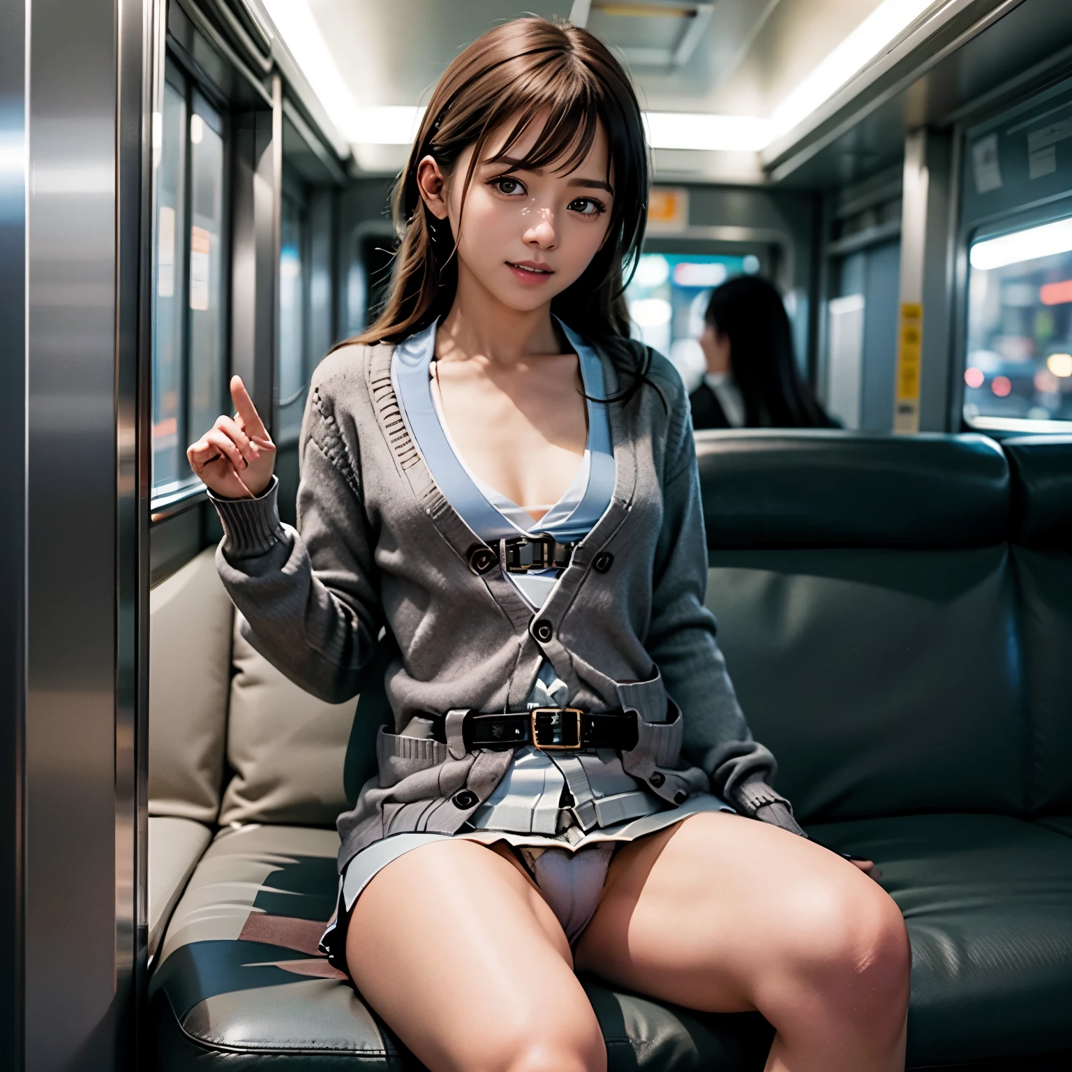 (((Misako Renbutsu)))Beautiful Young Female with ((Twin Braids) covering Bust) (Flashing Crotch) on ((Dusk Train)), (extremely delicate and beautiful) Detailed Closing Texture, Professional portrait of SemiNude photography, (((Unbuttoned cardigan with beltbra:1.37)) White SkinnyShorts)Navel, (sitting_chair) {leaning back|(knee up to chest)}, (Motion blurred window){(Tyndall effect)|lens flare|Haze|bokeh} ZoomLayer (Oodles Blurred Colorful Lights (Starry particles)), (TopQuality Masterpiece of 8K Ultra-detailed DigitalPainting by Jeremy Lipking), (Clearly visible the Shape of Crotch), (extra leg:-1)