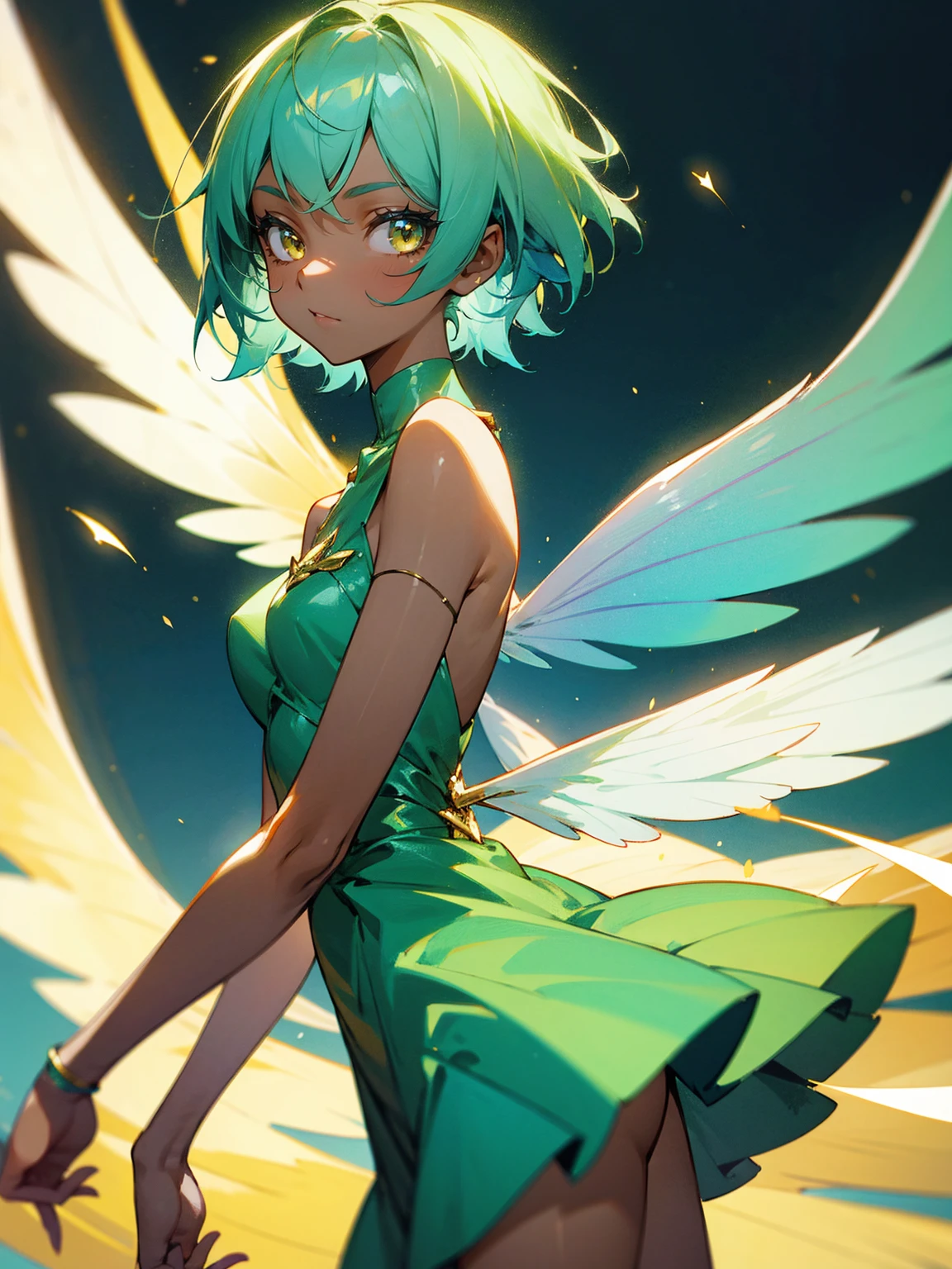 1female, young, fairy wings, azure hair, short hair, dark skin, angel wings, green dress, gold eyes, confident