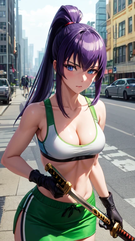 A girl with purple ponytail hair, sharp blue eyes, white sportbra, very mini green skirt, athletic body, cleavage, short black gloves. katana at his waist. Abandoned city.