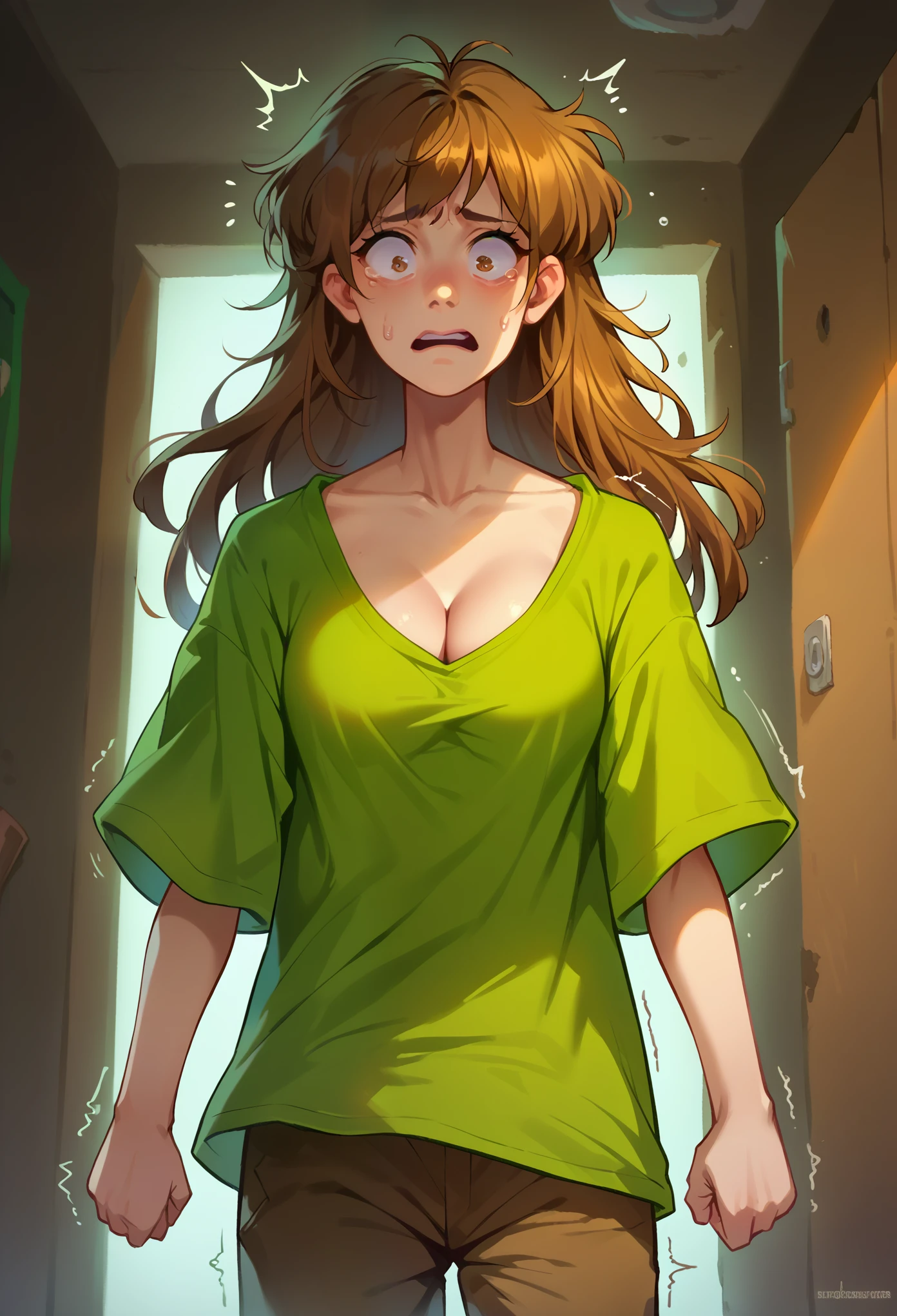 score_9, score_8_up, score_7_up, 1girl, solo, Shaggy Rogers, slender body, (small chest), brown hair, medium hair, green shirt, brown pants, standing, shocked face, hands on chest, shaking, sweating, female crotch, looking down, inside a room, abandoned room, dark room, night
