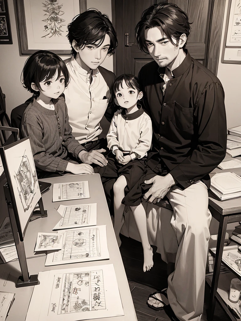 Manwa type drawing with a father in the middle and his 9 around