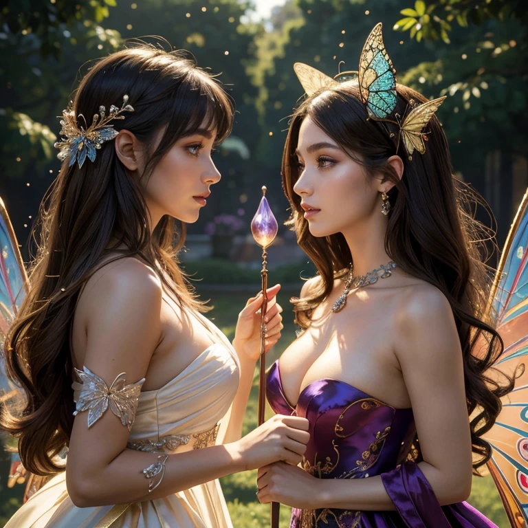 (masterpiece, best quality:1.5), highest quality, High resolution, super detailed, Realists, Upper body photo of a brunette sorceress, detailed and beautiful eyes, beautiful detailed lips, very detailed eyes and face, longeyelashes, shiny satin dress, Holding a wand in your hand and performing a transformation spell, Magic wands present and shiny, Beautiful and colorful makeup, elegant and noble々The jewelry bag, Gardens as background, soft daylight, bright colors, fine brushstrokes, Portrait style, Silk dress fabric, beautiful color palette, glowing skin, First-class rendering, that captures every detail, enchanting atmosphere, subtle shadows and lights, (perfect anatomy:1.2), (The two stunning sorceresses transform leaves into butterflies (a transformation with the magic wand:1.4), (magnificent panorama view:1.2)