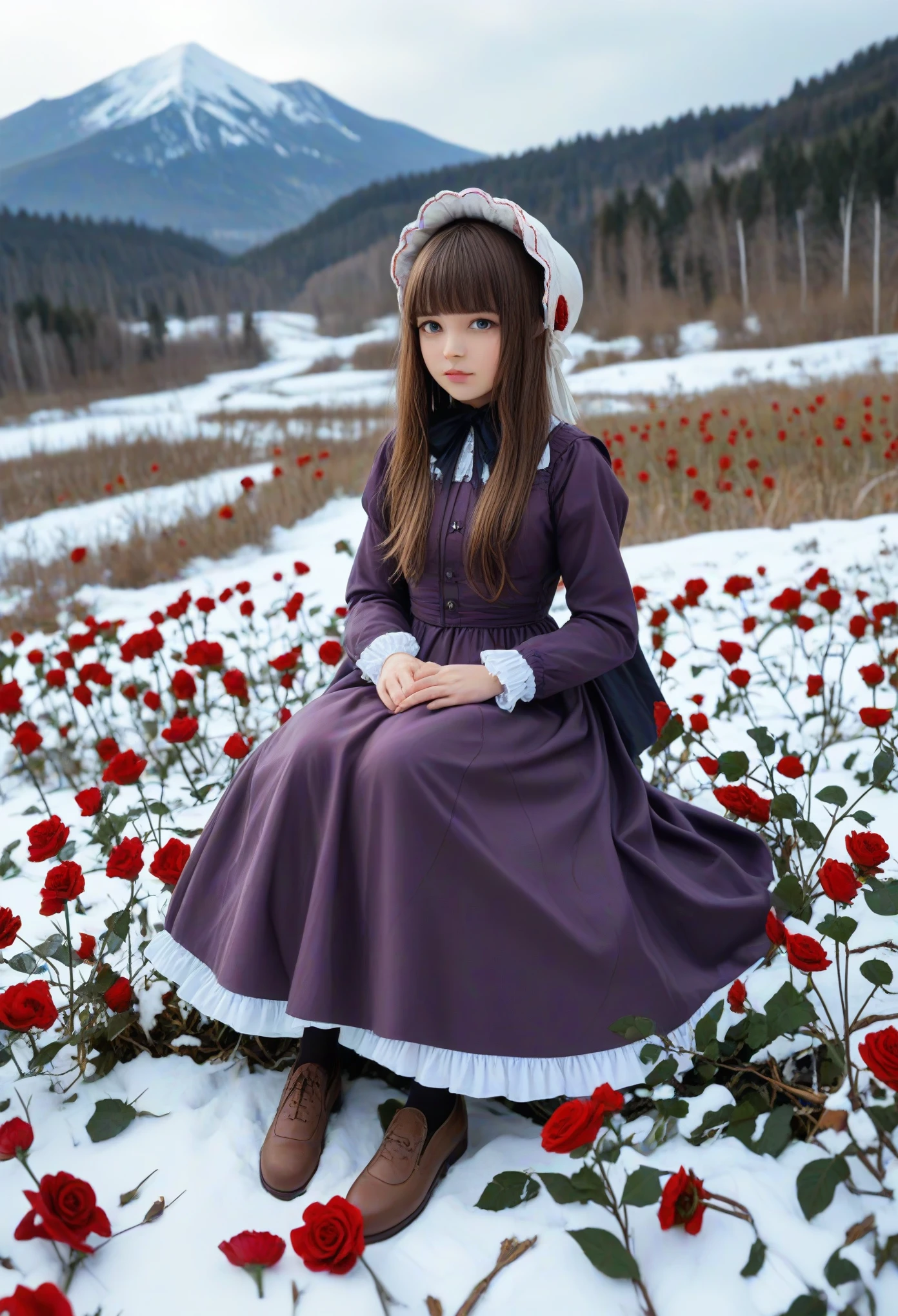 masterpiece, best quality, winter, snow field, 1girl, bangs, blue eyes, blunt bangs, bonnet, brown footwear, brown hair, dress, frills, fruit, full body, hat, long hair, long sleeves, looking at viewer, pantyhose, purple dress, red flower, red rose, rose, shoes, sitting, solo, sky, sun, mountain, forest, lake,