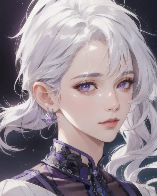 woman, straight white hair, purple eyes, side-swept bangs, mature, god eyes, diamond earrings, detailed realistic portrait, photorealistic, hyperrealistic, 8k, detailed clothing, beautiful detailed eyes, beautiful detailed lips, extremely detailed face,