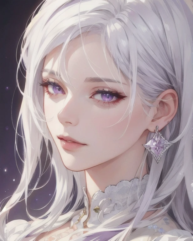 woman, straight white hair, purple eyes, side-swept bangs, mature, god eyes, diamond earrings, detailed realistic portrait, photorealistic, hyperrealistic, 8k, detailed clothing, beautiful detailed eyes, beautiful detailed lips, extremely detailed face,