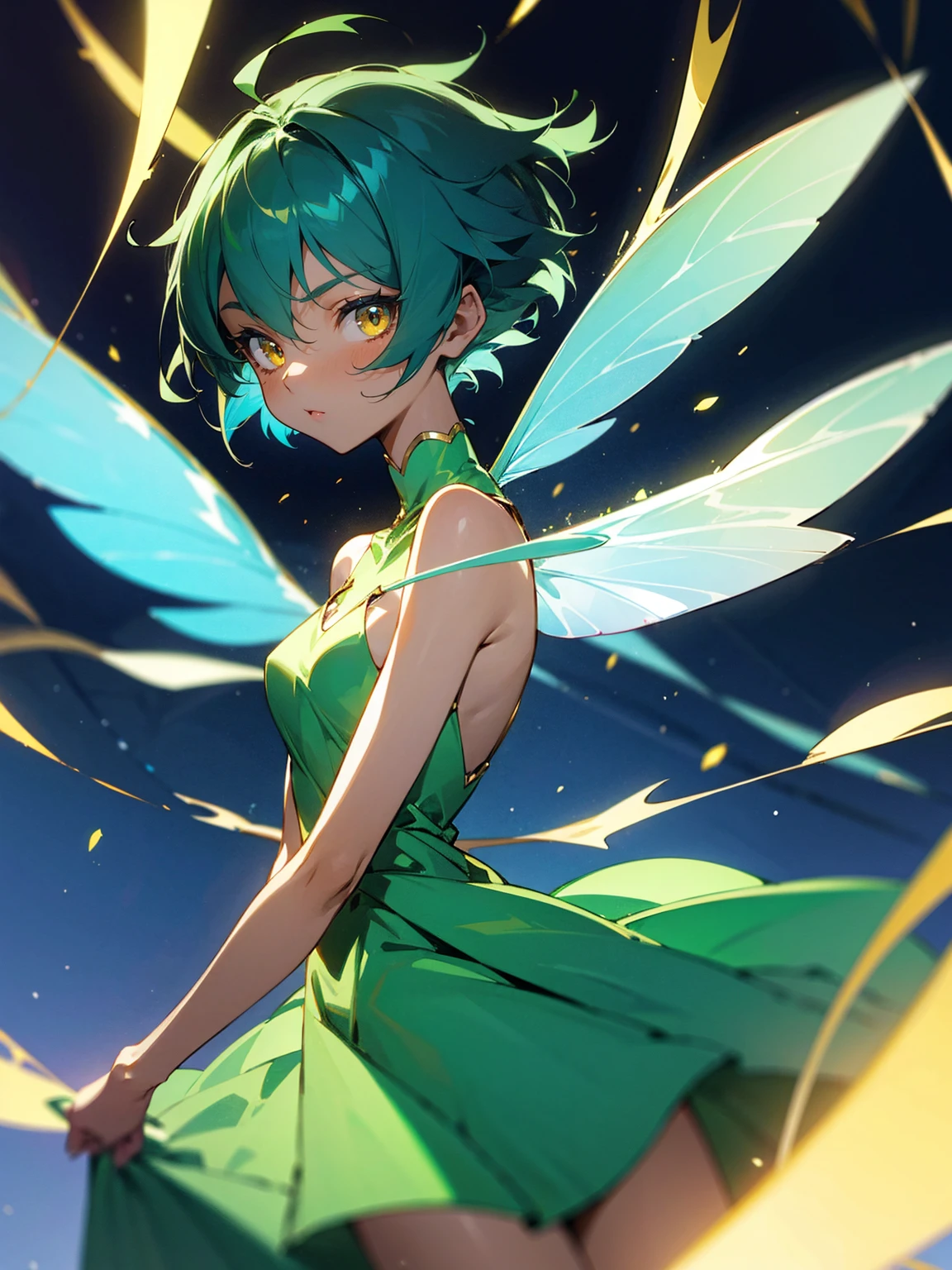 1female, young, fairy wings, azure hair, short hair, dark skin, angel wings, green dress, gold eyes, confident, facing viewer
