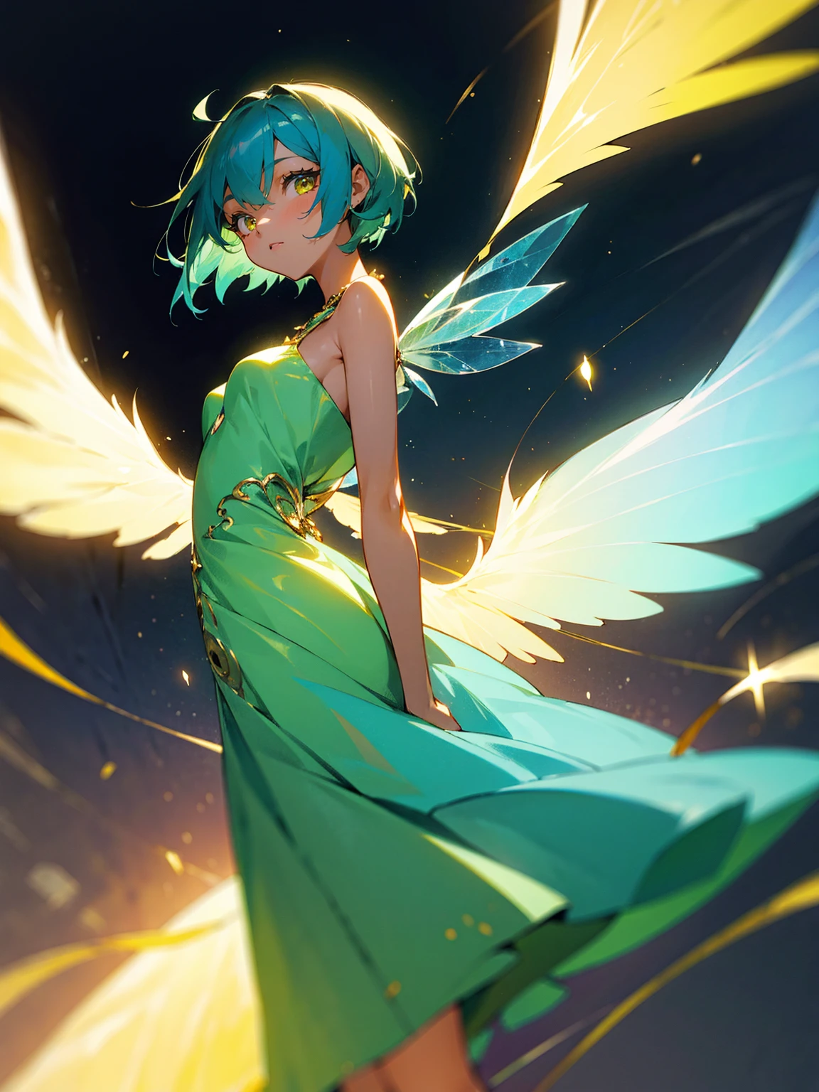 1female, young, fairy wings, azure hair, short hair, dark skin, angel wings, green dress, gold eyes, confident, facing viewer