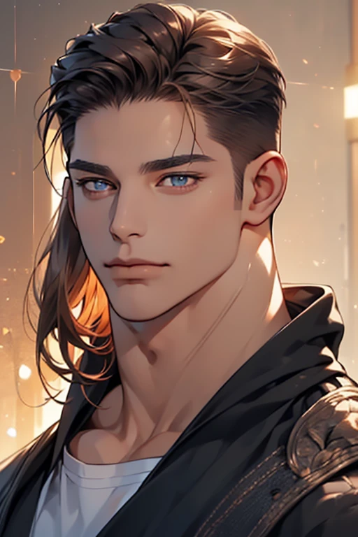 (Best quality,4K,8K,a high resolution,masterpiece:1.2),ultra detailed,(realistic,photorealistic,photo-realistic:1.37),39 year old man,Beautiful anime,portraits,strong,masculine,dark hair,Sharp jawline,Mesmerizing eyes,Perfectly styled hair,confident expression,bright colors,dynamic lighting,Brown eyes,(Black T-shirt),(dark skin),((mature man, man 40 years old)), (square jaw)