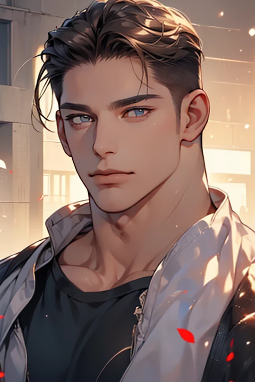 (Best quality,4K,8K,a high resolution,masterpiece:1.2),ultra detailed,(realistic,photorealistic,photo-realistic:1.37),39 year old man,Beautiful anime,portraits,strong,masculine,dark hair,Sharp jawline,Mesmerizing eyes,Perfectly styled hair,confident expression,bright colors,dynamic lighting,Brown eyes,(Black T-shirt),(dark skin),((mature man, man 40 years old)), (square jaw)