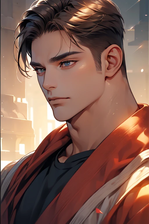 (Best quality,4K,8K,a high resolution,masterpiece:1.2),ultra detailed,(realistic,photorealistic,photo-realistic:1.37),39 year old man,Beautiful anime,portraits,strong,masculine,dark hair,Sharp jawline,Mesmerizing eyes,Perfectly styled hair,confident expression,bright colors,dynamic lighting,Brown eyes,(Black T-shirt),(dark skin),((mature man, man 40 years old)), (square jaw)