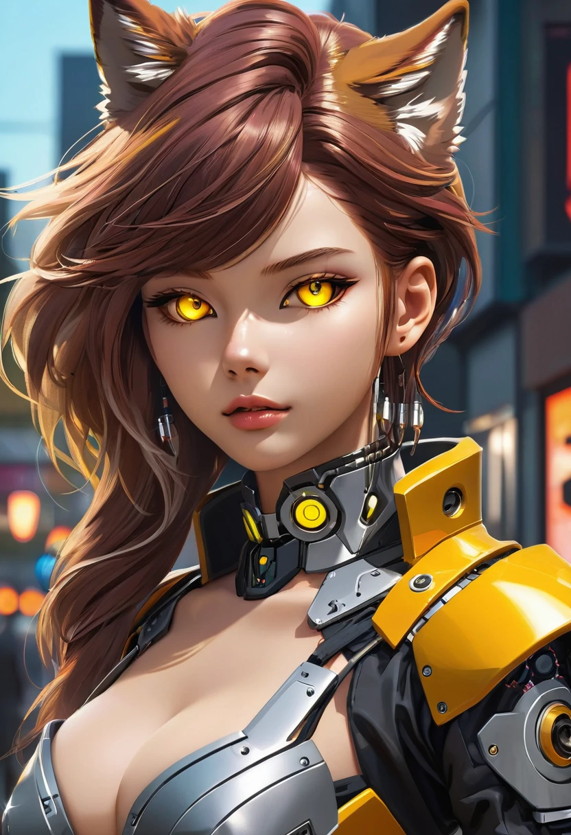 a portrait of a mechanical creature (( mechanical female, anthro wolf: 1.5), ((full body: 1.5)), ((anatomically correct: 1.5)), (ultra detailed face: 1.2), yellow eyes. dynamic fur color, glowing eyes, wearing mech armor, delicate armor, wearing high heeled boots, cyberpunk street background, vibrant, Ultra-high resolution, High Contrast, (masterpiece:1.5), highest quality, Best aesthetics), best details, best quality, highres, 16k, (ultra detailed: 1.5), masterpiece, best quality, (extremely detailed) RAW, (ultra details, Masterpiece, best quality),MechanicusStyleAI, Hyperrealism style, anime