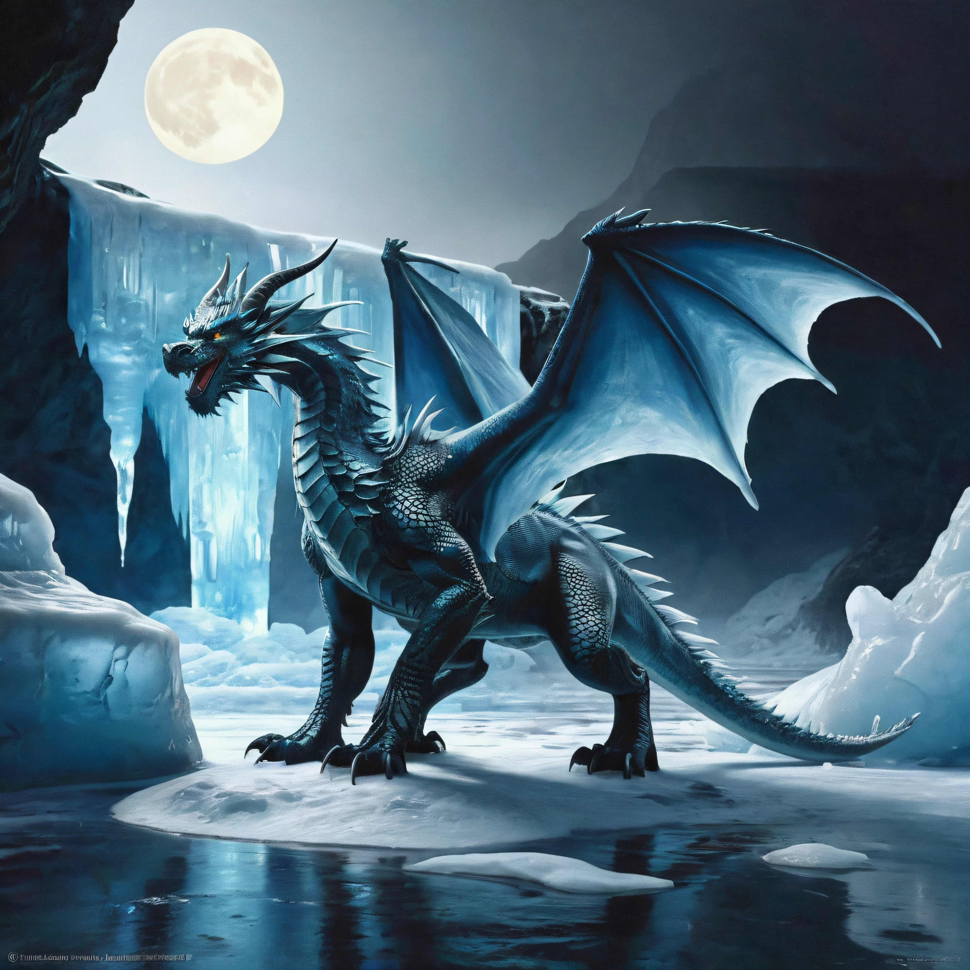  (extreme long shot), BREAK, A frost dragon with (2 wings) in an ice cave, ((((ice pillars in the foreground, dragon partially hidden by ice)))), BREAK, mystical creature, realistic, ultra detailed, masterpiece, dynamic pose, moonlit through the ice, 