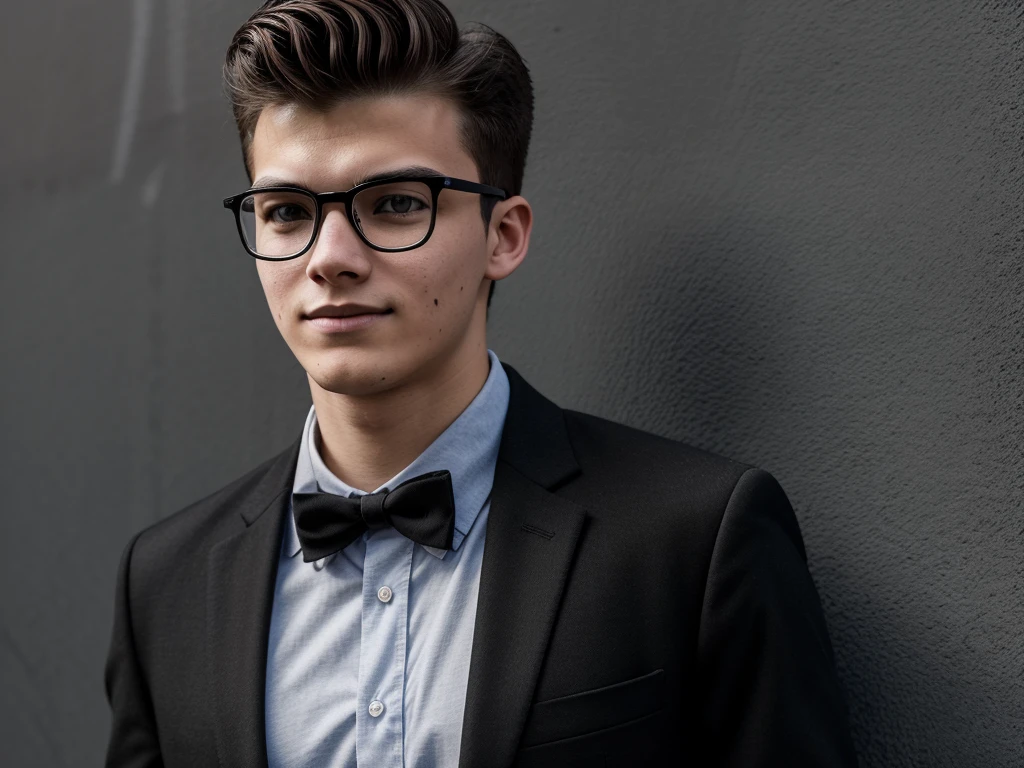 Create a third-person image of an unassuming 20-year-old man wearing casual glasses, wearing a black suit. standing in broad daylight on a gray wall. Depth of field. highly realistic.