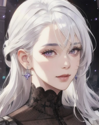 woman, straight white hair, purple eyes, side-swept bangs, mature, mischievous, god eyes, diamond earrings, detailed realistic portrait, photorealistic, hyperrealistic, 8k, detailed clothing, beautiful detailed eyes, beautiful detailed lips, extremely detailed face, victorian era