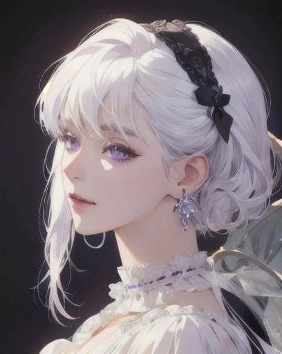 woman, straight white hair, purple eyes, side-swept bangs, mature, mischievous, god eyes, diamond earrings, detailed realistic portrait, photorealistic, hyperrealistic, 8k, detailed clothing, beautiful detailed eyes, beautiful detailed lips, extremely detailed face, victorian era