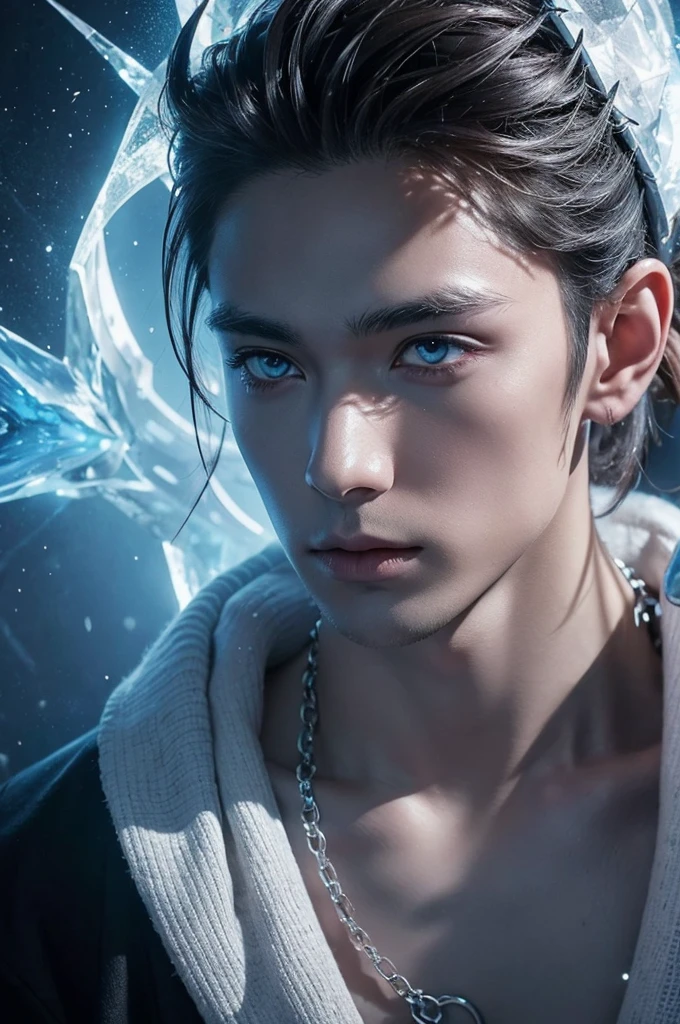I want a man with white skin, with eyes covered in a demonic blue aura, I want him to have a hateful expression and dark, firm brown eyes, and a blue demonic aura with a trace of ice on his skin that surrounds his entire being, This man has two white horns that are embedded in blue flames and will have short brown hair and will wear a silver chain around his neck., pink lips with small traces of ice, will wear a gray and blue kimono with radiant white crystals, appear to be at least 20 years old. captured in an ultra-realistic full HD 4K portrait, detailed texture showing its menacing shape, Immersive atmosphere, high definition shadow play, digitalpainting, nevoa no environment. I want a different monster from each other and make the image darker, obscure, creating a dark and dimly lit horror atmosphere!