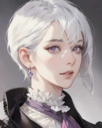 woman, straight white hair, purple eyes, side-swept bangs, mature, mischievous, god eyes, diamond earrings, cravat, monocle, detailed realistic portrait, photorealistic, hyperrealistic, 8k, detailed clothing, beautiful detailed eyes, beautiful detailed lips, extremely detailed face, victorian era