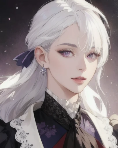 woman, straight white hair, purple eyes, side-swept bangs, mature, mischievous, god eyes, diamond earrings, cravat, monocle, detailed realistic portrait, photorealistic, hyperrealistic, 8k, detailed clothing, beautiful detailed eyes, beautiful detailed lips, extremely detailed face, victorian era
