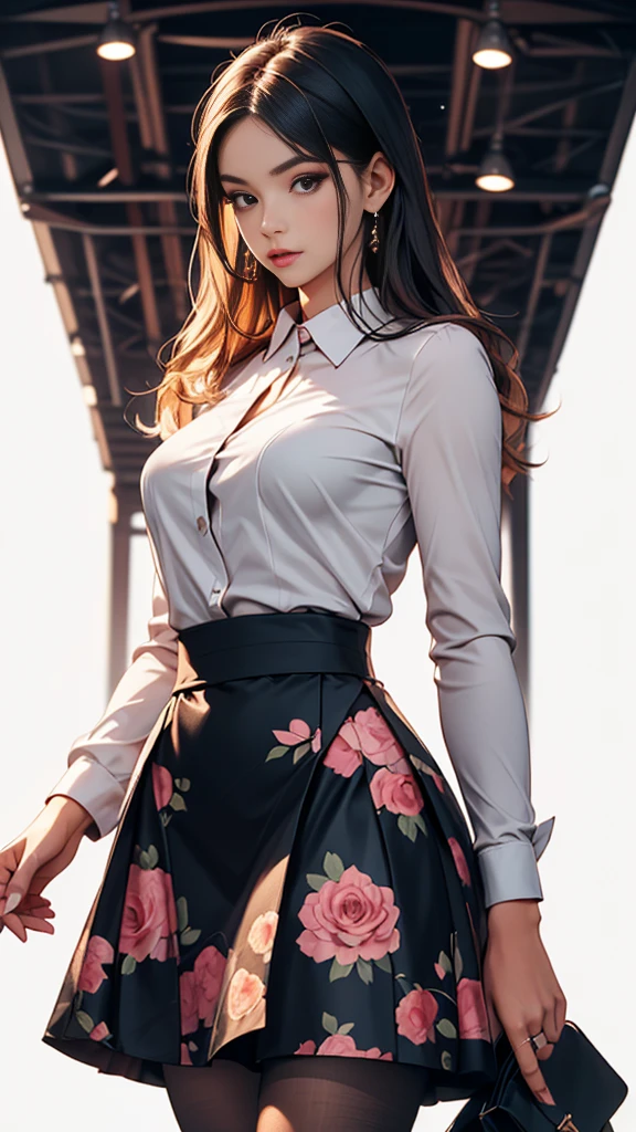 Simple color palettes, Woman 25 years old, elegant, clean, sharp designs, flowing silhouette, (Best Quality,artwork, 8k), Dressed like a sexy , revealing outfit, Checkered skirt design, Simple silhouettes, impresión elegant, Simple and sophisticated style, elegance, Minimalism, High quality materials, cool and urban print,