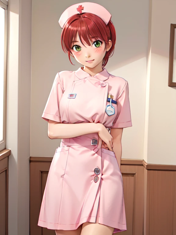 'nurse uniform), nurse cap, (Long skirt), nurse, White costume, girl, alone, (mina_Hayase), Red Hair, Green Eyes, bangs, 