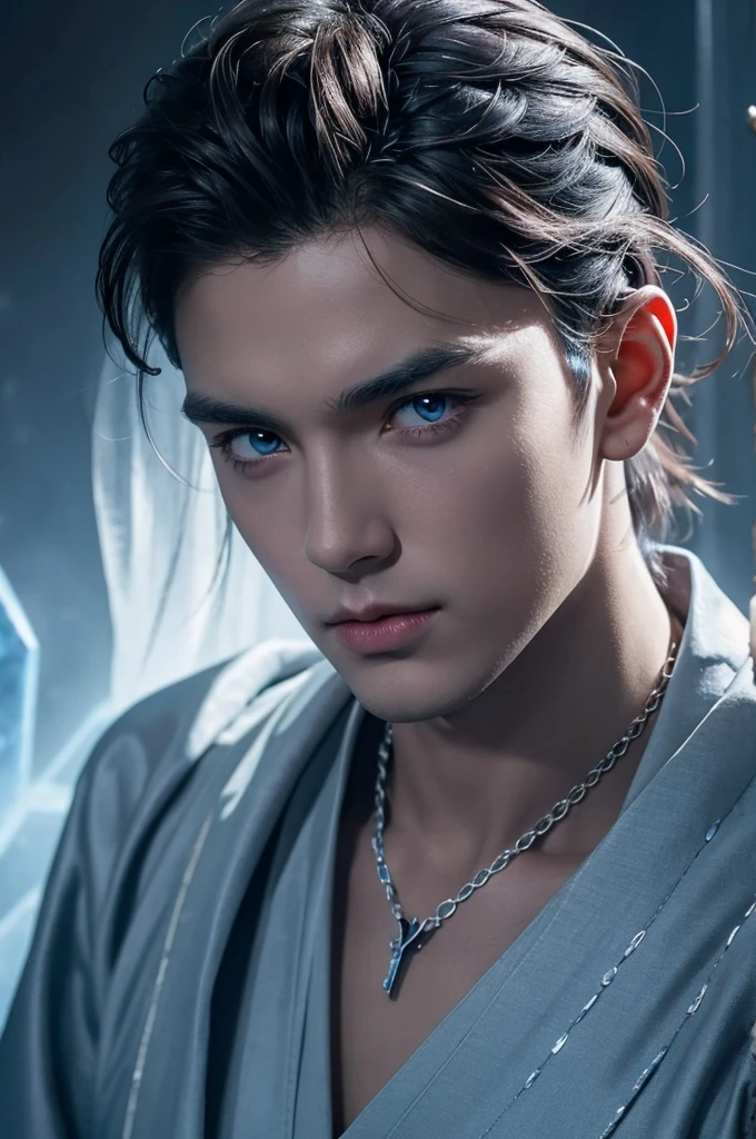 I want a man with white skin, with eyes covered in a demonic blue aura, I want him to have a hateful expression and dark, firm brown eyes, and a blue demonic aura with a trace of ice on his skin that surrounds his entire being, This man has two white horns that are embedded in blue flames and will have short brown hair and will wear a silver chain around his neck., pink lips with small traces of ice, will wear a gray and blue kimono with radiant white crystals, appear to be at least 20 years old. captured in an ultra-realistic full HD 4K portrait, detailed texture showing its menacing shape, Immersive atmosphere, high definition shadow play, digitalpainting, nevoa no environment. I want a different monster from each other and make the image darker, obscure, creating a dark and dimly lit horror atmosphere!