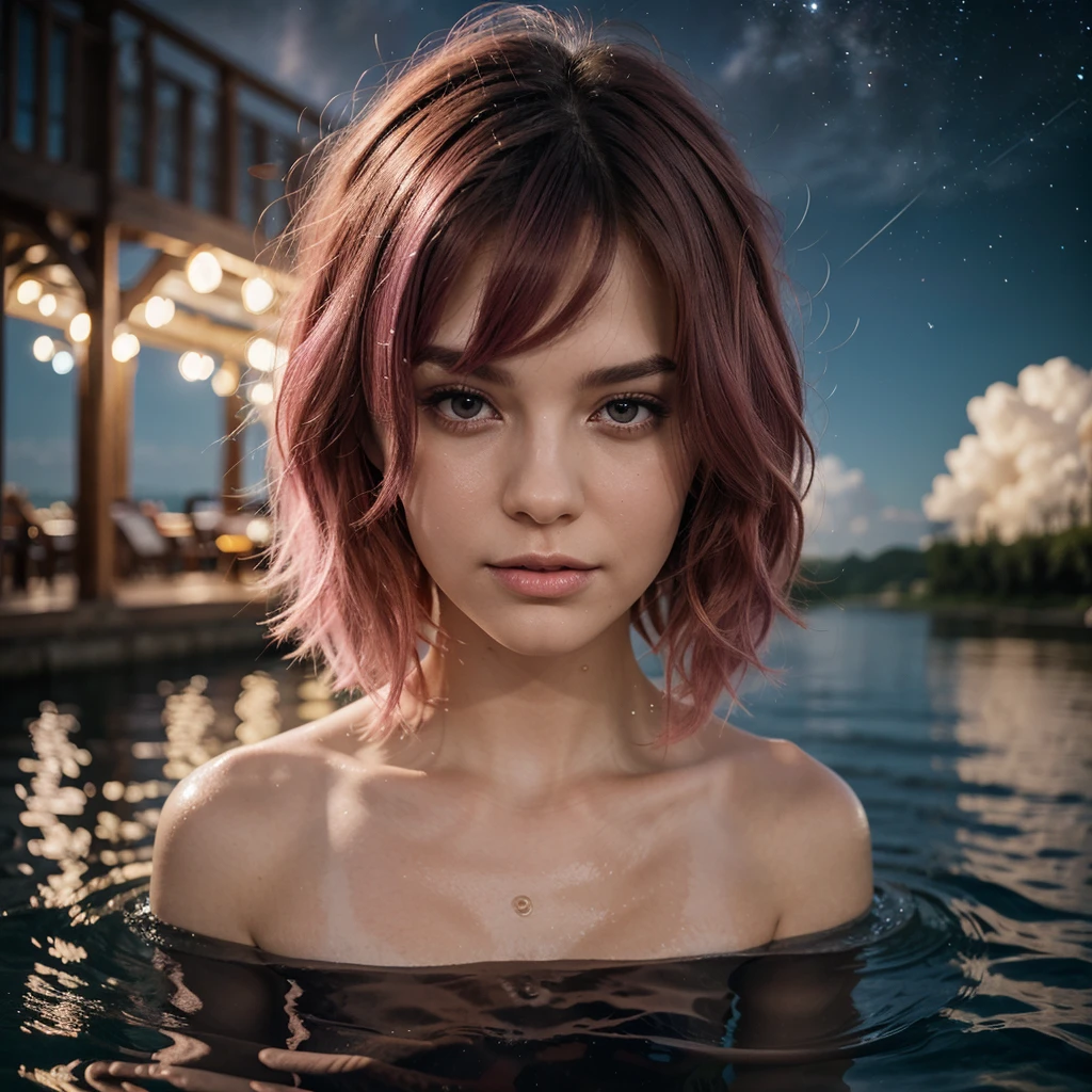 (masterpiece,Top quality,Best quality,water彩(curly),Official Art,Beauty and aesthetics:1.2),(1 Girl:1.3),(Fractal Art:1.3),Upper part of the body,,Looking at the audience,pattern,(, short shoulder-length hair, pink hair,,Hair Color, pink hair:1.2),water,liquid,cloud,rich and colorful,Starry Sky,Star,