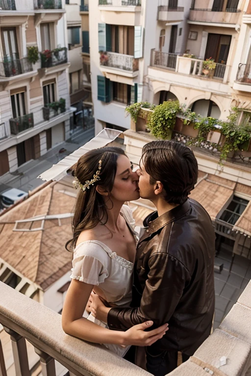 there are two people that are kissing on a balcony, a photo of pablo rey, tumblr, Art Nouveau, balcony scene, romantic on the roof, in barcelona, balcony, Photography, valentine shuffle, on a balcony, on a roof, albi albi, beautiful realistic photo, on a roof, they are in love, in love, beautiful cinematography