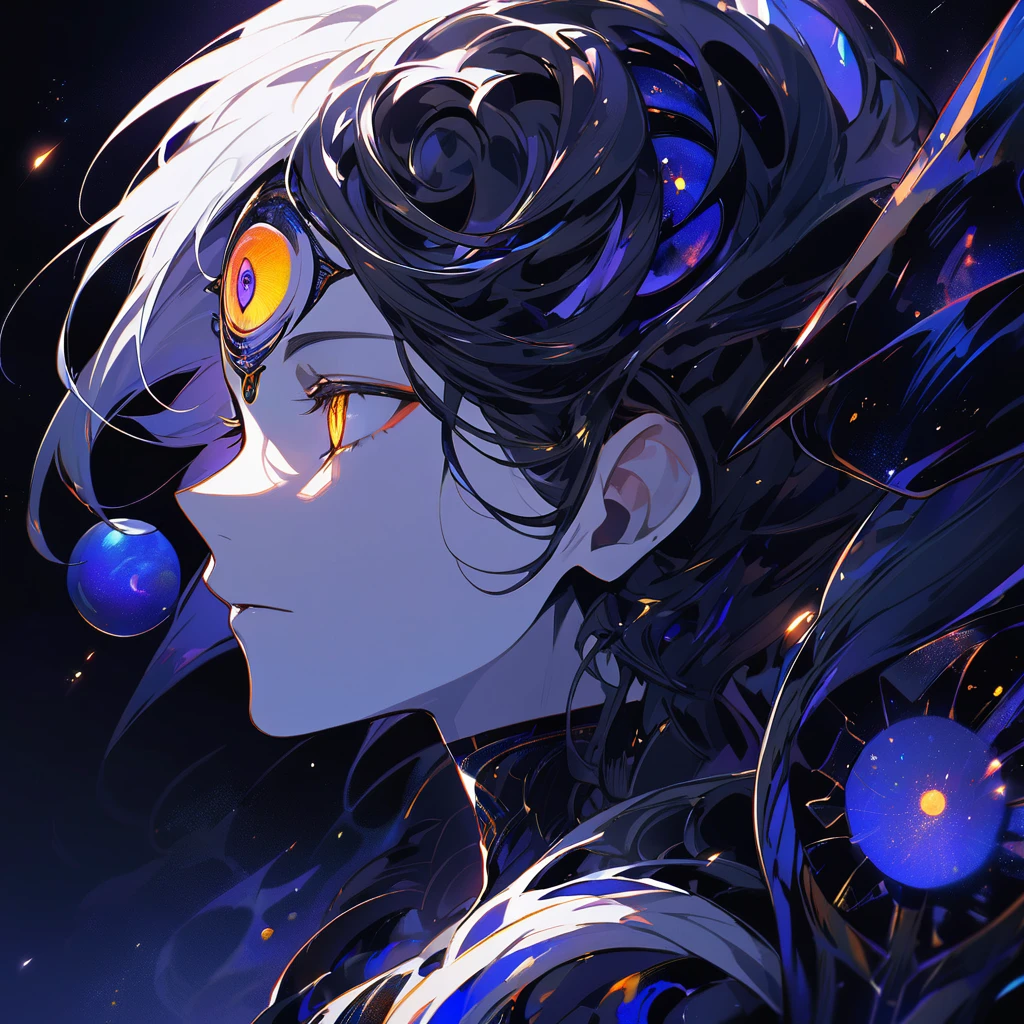 side profile, close up third eye of a humanoid cosmic being(male), peacefully observing, dark art