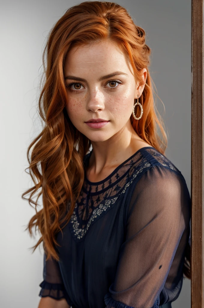 (8k, RAW photo, highest quality),(epic realistic:1.5), a girl, dynamic posture,erotic face, blouse,(detailed eyes:0.8),(looking at the camera:1.4), (highest quality), (best shadow),intricate details,cinematic,((skin:1.4)),interior, (long flowing ginger hair:1.3),dark studio,(hdr:1.5),detailed, muted colors, freckles, silver necklace, silver earring, long flowing wavy hair, smooth hair, hair down, hair pulled back, [[Jenna Coleman]], [[[Kate Beckinsale]]]
