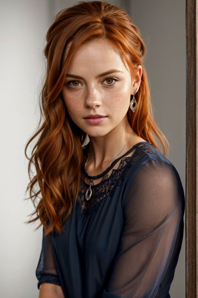 (8k, RAW photo, highest quality),(epic realistic:1.5), a girl, dynamic posture,erotic face, blouse,(detailed eyes:0.8),(looking at the camera:1.4), (highest quality), (best shadow),intricate details,cinematic,((skin:1.4)),interior, (long flowing ginger hair:1.3),dark studio,(hdr:1.5),detailed, muted colors, freckles, silver necklace, silver earring, long flowing wavy hair, smooth hair, hair down, hair pulled back, [[Jenna Coleman]], [[[Kate Beckinsale]]]