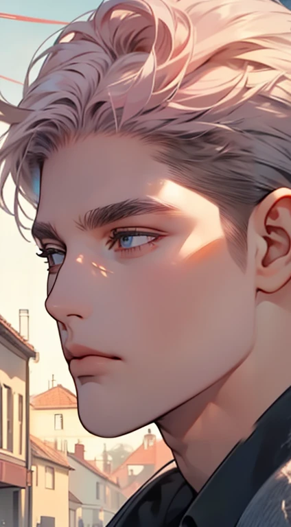 masterpiece, best quality, realistic, 1man, mature male, quiet and charming young man, 35 years old, close his eyes, serious, closed mouth, extremely detailed face, cold, ((dark grey blue eyes)), ((short-right-swept dark grey pink hair)), [thick eyebrows], ((hunter)), accurate, detailed, ((town))