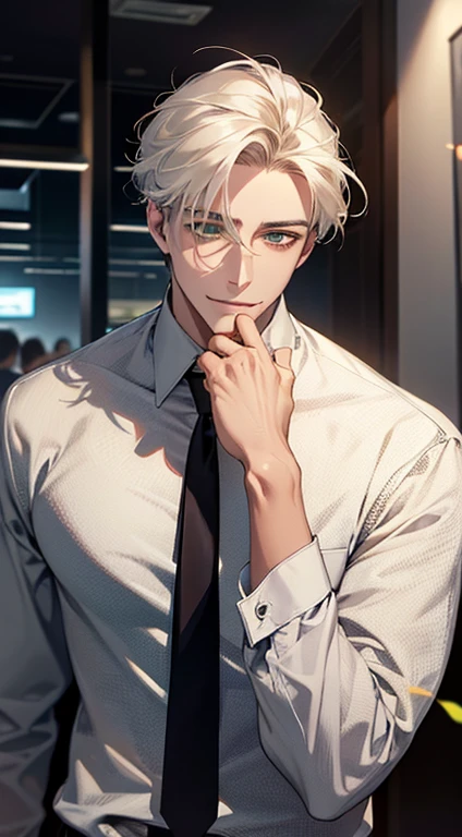 (Highest quality,4K,8K,High resolution,masterpiece:1.2),Super detailed,(Realistic,photoRealistic,photo-Realistic:1.37),1 person,34 years old, Men,Beautiful skin、very handsome,Expressionless smile in love,Short white hair,green eyes,Sharp Eyes,A perfect face without a doubt,Businessman, CEO, Office Background,Cinema Lighting,HDR image,tie、