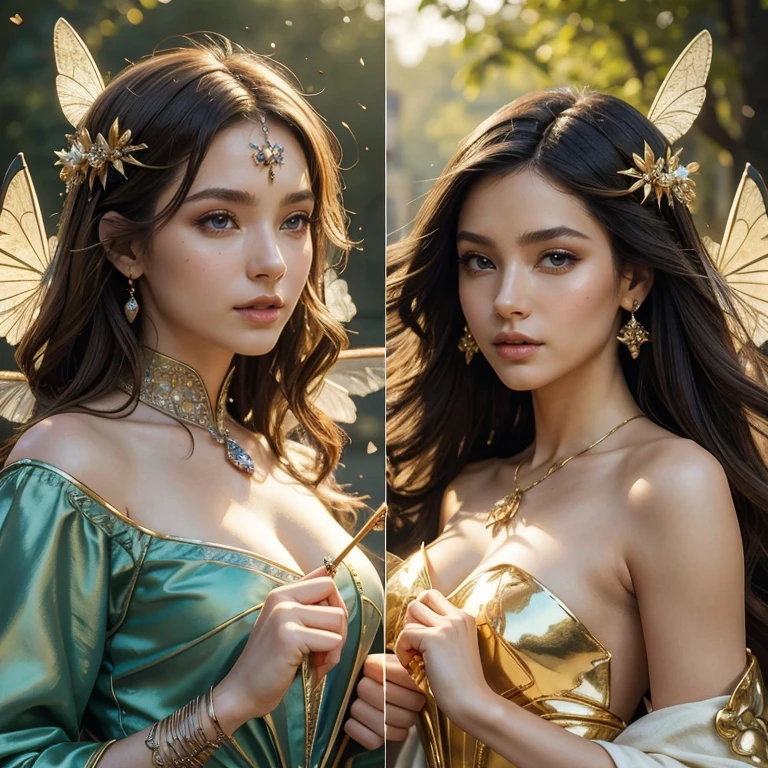 (masterpiece, best quality:1.5), highest quality, High resolution, super detailed, Realists, Upper body photo of a brunette sorceress, detailed and beautiful eyes, beautiful detailed lips, very detailed eyes and face, longeyelashes, shiny satin dress, Holding a wand in your hand and performing a transformation spell, Magic wands present and shiny, Beautiful and colorful makeup, elegant and noble々The jewelry bag, Gardens as background, soft daylight, bright colors, fine brushstrokes, Portrait style, Silk dress fabric, beautiful color palette, glowing skin, First-class rendering, that captures every detail, enchanting atmosphere, subtle shadows and lights, (perfect anatomy:1.2), (The two stunning sorceresses transform falling leaves into bees (a transformation with the magic wand:1.4), (magnificent panorama view:1.2)