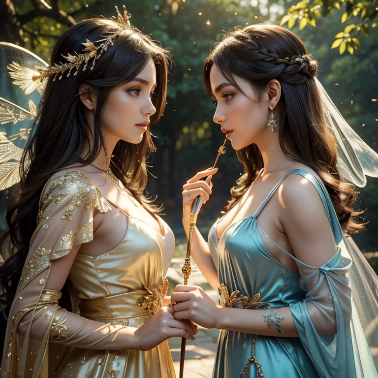 (masterpiece, best quality:1.5), highest quality, High resolution, super detailed, Realists, Upper body photo of a brunette sorceress, detailed and beautiful eyes, beautiful detailed lips, very detailed eyes and face, longeyelashes, shiny satin dress, Holding a wand in your hand and performing a transformation spell, Magic wands present and shiny, Beautiful and colorful makeup, elegant and noble々The jewelry bag, Gardens as background, soft daylight, bright colors, fine brushstrokes, Portrait style, Silk dress fabric, beautiful color palette, glowing skin, First-class rendering, that captures every detail, enchanting atmosphere, subtle shadows and lights, (perfect anatomy:1.2), (The two stunning sorceresses transform falling leaves into bees (a transformation with the magic wand:1.4), (magnificent panorama view:1.2)