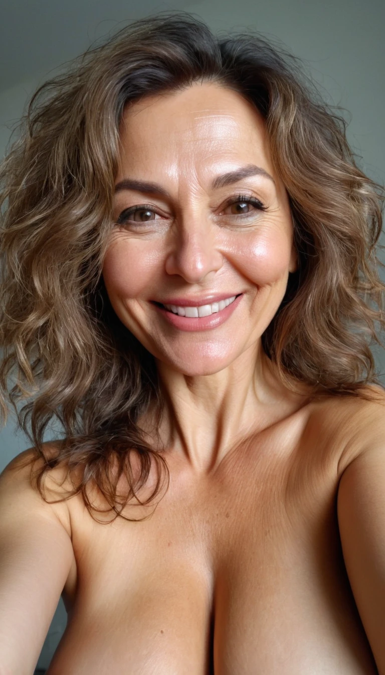 Old feminine ukrainian aunt, ((mature)), (((40 years old))), ((mature woman face)), ((firm mature woman body)), ((Giggling)), (((taking a selfie))), (natural saggy breasts), ((seductive leaning pose)), ((happy)), (((wearing nothing))), ((big saggy realistic breasts)), (curvy and busty woman), (ambient lighting), (very messy hair), (seductive smile), ((gorgeous face with big lips)), Anatomically Correct, High Resolution, Masterpiece, Super Detailed, Textured Skin,((full body selfie)), ((pov from far above)), (Best Quality, high resolution), ((photorealistic)), (realistic)
