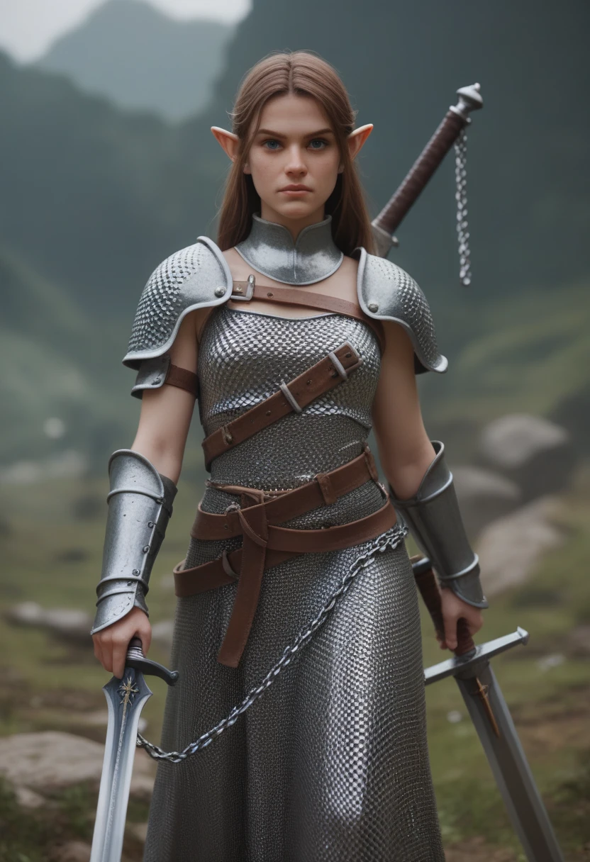 Masterpiece, Best Quality, 3D, 1girl, solo, brown hair, elf ears, dark blue eyes, longsword, chainmail, battlefield