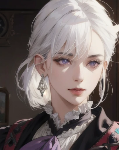 woman, straight white hair, purple eyes, side-swept bangs, mature, mischievous, god eyes, diamond earrings, cravat, monocle, detailed realistic portrait, photorealistic, hyperrealistic, 8k, detailed clothing, beautiful detailed eyes, beautiful detailed lips, extremely detailed face, cinematic lighting, dramatic shadows, warm color tones, natural lighting, highly detailed, masterpiece, artstation, sharp focus, hyper detailed, victorian era