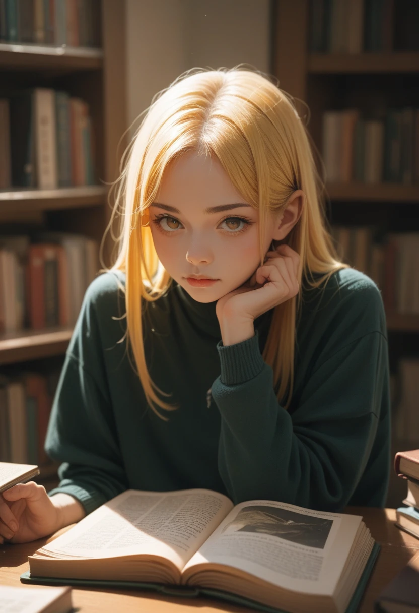 Yellow-haired anime girl with a book on her head
