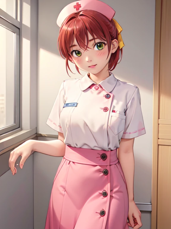 (nurse uniform), nurse cap, (Long skirt), nurse, White costume, girl, alone, (mina_Hayase), Red Hair, Green Eyes, bangs,