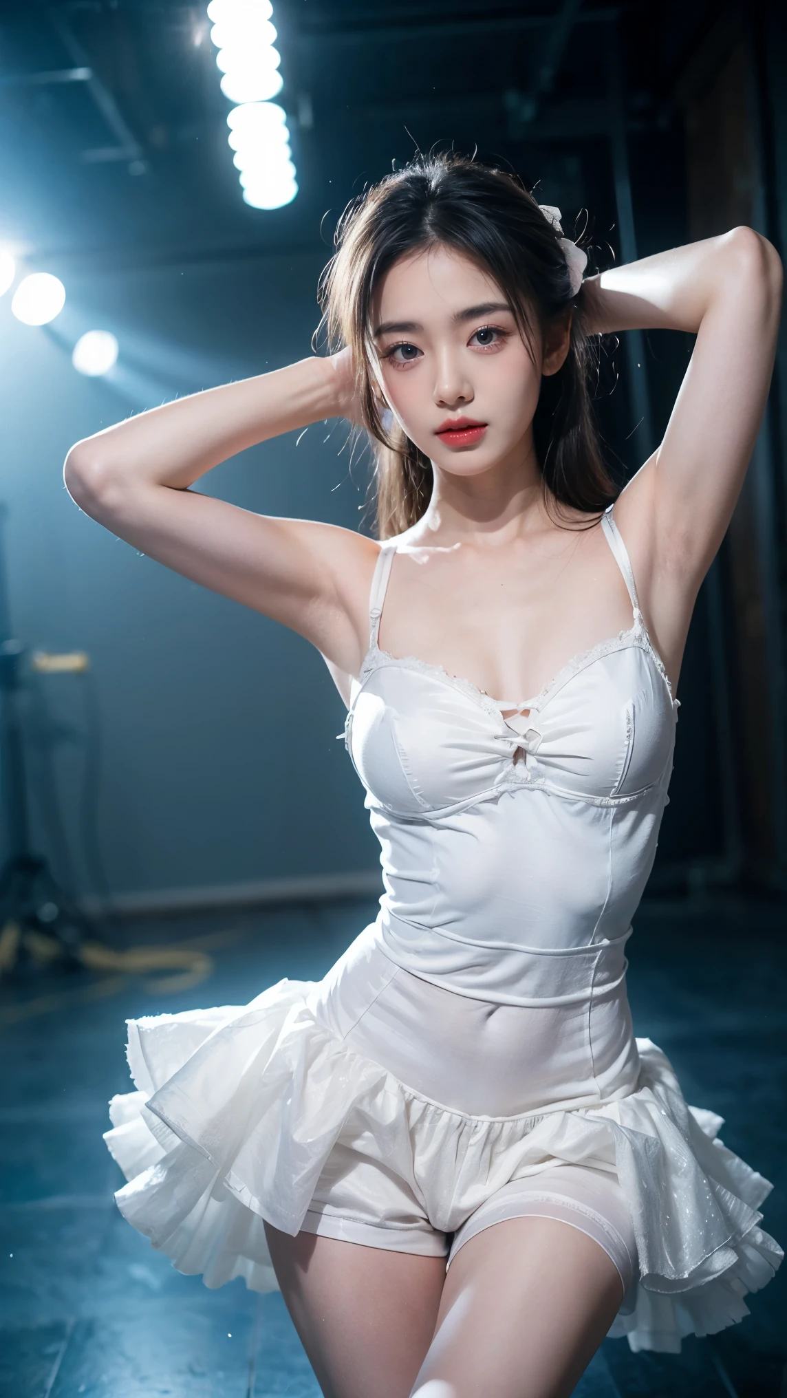 masterpiece, realistic, photography 21yo girls, white balerina dress, a blue bang hair, cinematic lighting, defocus background, studio dance