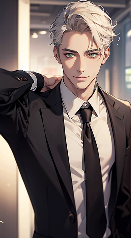 (Highest quality,4K,8K,High resolution,masterpiece:1.2),Super detailed,(Realistic,photoRealistic,photo-Realistic:1.37),1 person,34 years old,Mature Men,Beautiful skin、very handsome,Expressionless smile in love,Short white hair,green eyes,Sharp Eyes,A perfect face without a doubt,Businessman, CEO, Office Background,Cinema Lighting,HDR image,tie、