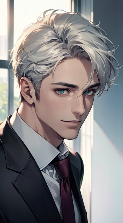 (Highest quality,4K,8K,High resolution,masterpiece:1.2),Super detailed,(Realistic,photoRealistic,photo-Realistic:1.37),1 person,34 years old,Mature Men,Beautiful skin、very handsome,Expressionless smile in love,Short white hair,green eyes,Sharp Eyes,A perfect face without a doubt,Businessman, CEO, Office Background,Cinema Lighting,HDR image,tie、