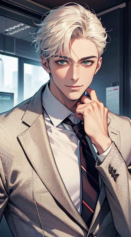 (Highest quality,4K,8K,High resolution,masterpiece:1.2),Super detailed,(Realistic,photoRealistic,photo-Realistic:1.37),1 person,34 years old,Mature Men,Beautiful skin、very handsome,Expressionless smile in love,Short white hair,green eyes,Sharp Eyes,A perfect face without a doubt,Businessman, CEO, Office Background,Cinema Lighting,HDR image,tie、