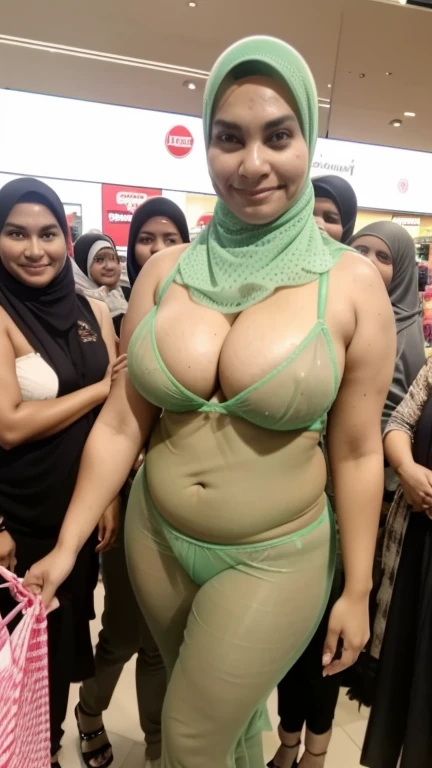 indahnorjannah, naked, Hijab moms, two moms, wear sexy transparent light green lingerie, plump curvy body, huge tits, at shopping mall crowded people.