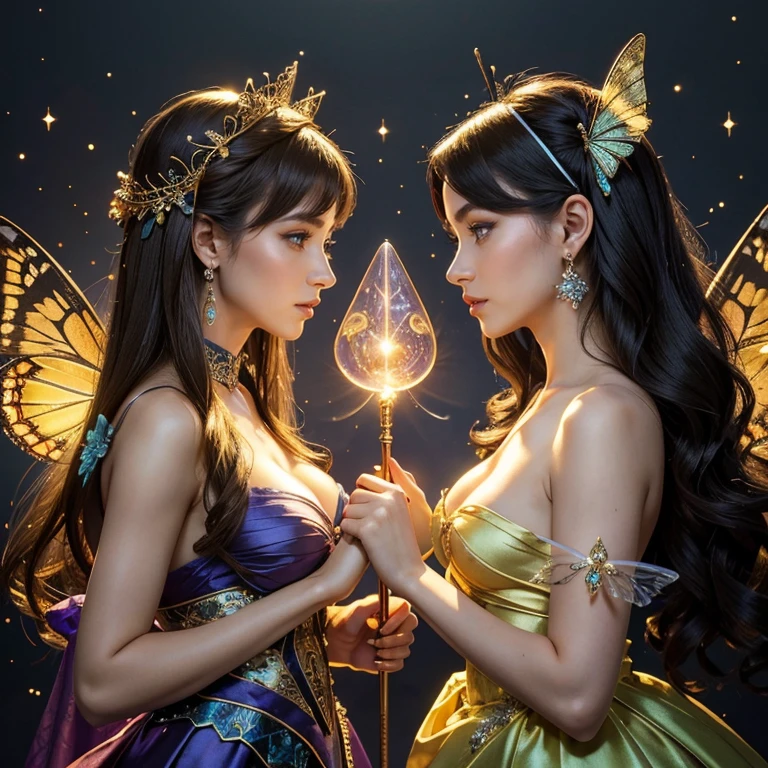 (​masterpiece, best quality:1.5), highest quality, High resolution, super detailed, Realists, Upper body photo of a brunette sorceress, detailed and beautiful eyes, beautiful detailed lips, very detailed eyes and face, longeyelashes, shiny satin dress, Holding a wand in your hand and performing a transformation spell, Magic wands present and shiny, Beautiful and colorful makeup, elegant and noble々The jewelry bag, Gardens as background, soft daylight, bright colors, fine brushstrokes, Portrait style, Silk dress fabric, beautiful color palette, glowing skin, First-class rendering, that captures every detail, enchanting atmosphere, subtle shadows and lights, (perfect anatomy:1.2), (The two stunning sorceresses transform wasps into butterflies (a transformation with the magic wand:1.4), (magnificent panorama view:1.2)